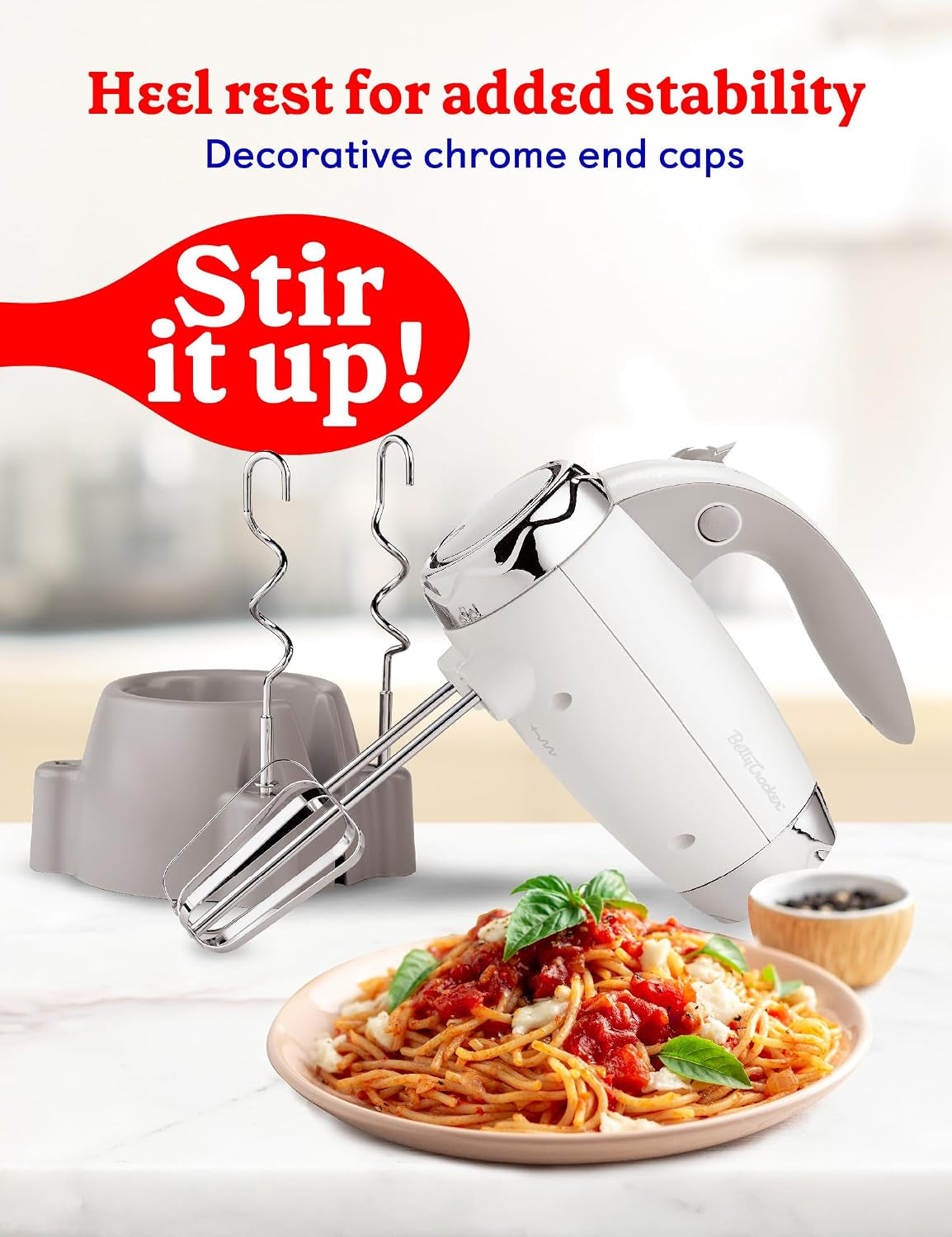 Hand Blender 7 Speed, 250 Watt Electric Mixer with Beaters and Dough Hooks, Ergonomic Electric Hand Mixer for Home & Kitchen with Stand and Soft Touch Handle, White