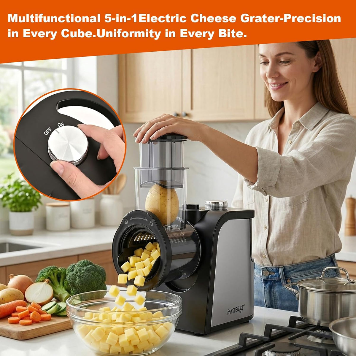 Electric Cheese Grater with Electric Dicing Function, 250W Professional Salad Maker & Electric Cheese Shredder, 5-In-1 Automatic Food Processor with Wide Feed Chute & 5 Stainless Steel Blades