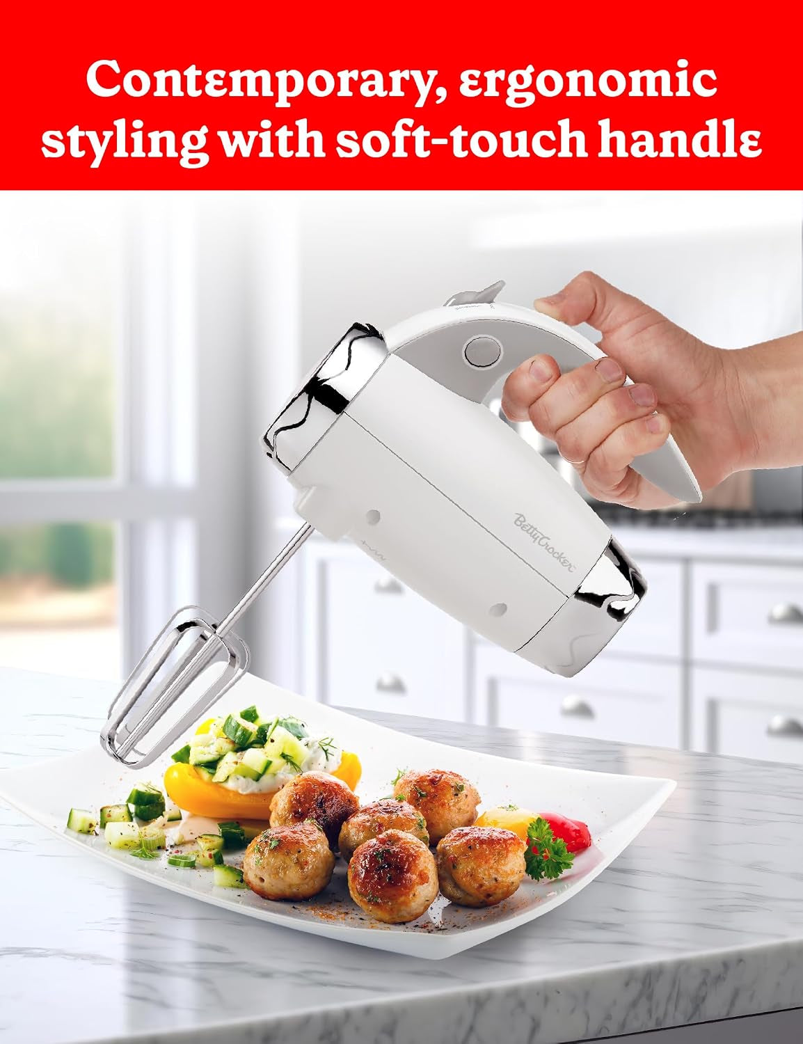 Hand Blender 7 Speed, 250 Watt Electric Mixer with Beaters and Dough Hooks, Ergonomic Electric Hand Mixer for Home & Kitchen with Stand and Soft Touch Handle, White
