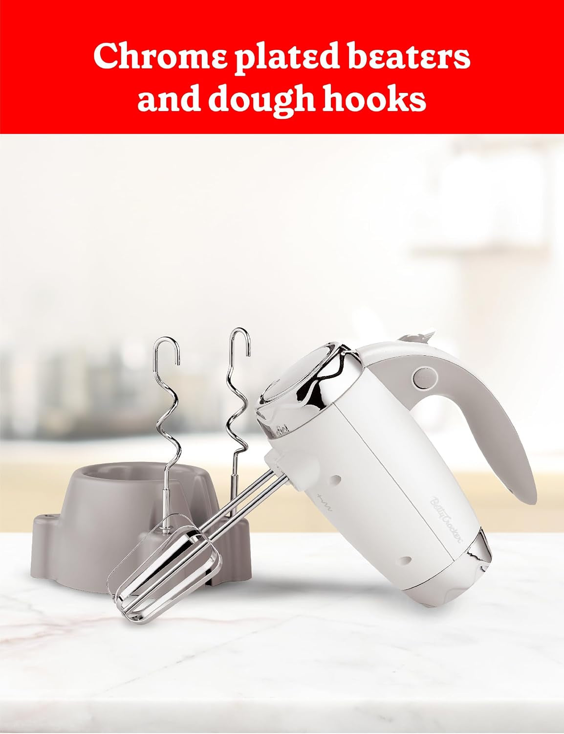 Hand Blender 7 Speed, 250 Watt Electric Mixer with Beaters and Dough Hooks, Ergonomic Electric Hand Mixer for Home & Kitchen with Stand and Soft Touch Handle, White