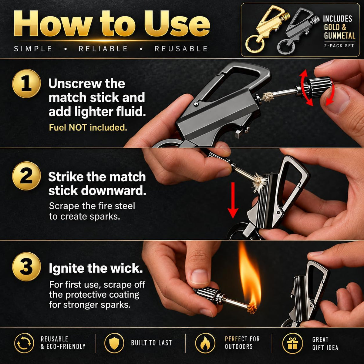 2 Pack Permanent Match Keychain Lighter, Metal Infinity Lighter, Forever Lighters with Bottle Opener, Waterproof Match, EDC Emergency Matchstick, Survival Flint Fire Starter (Fuel Not Included)