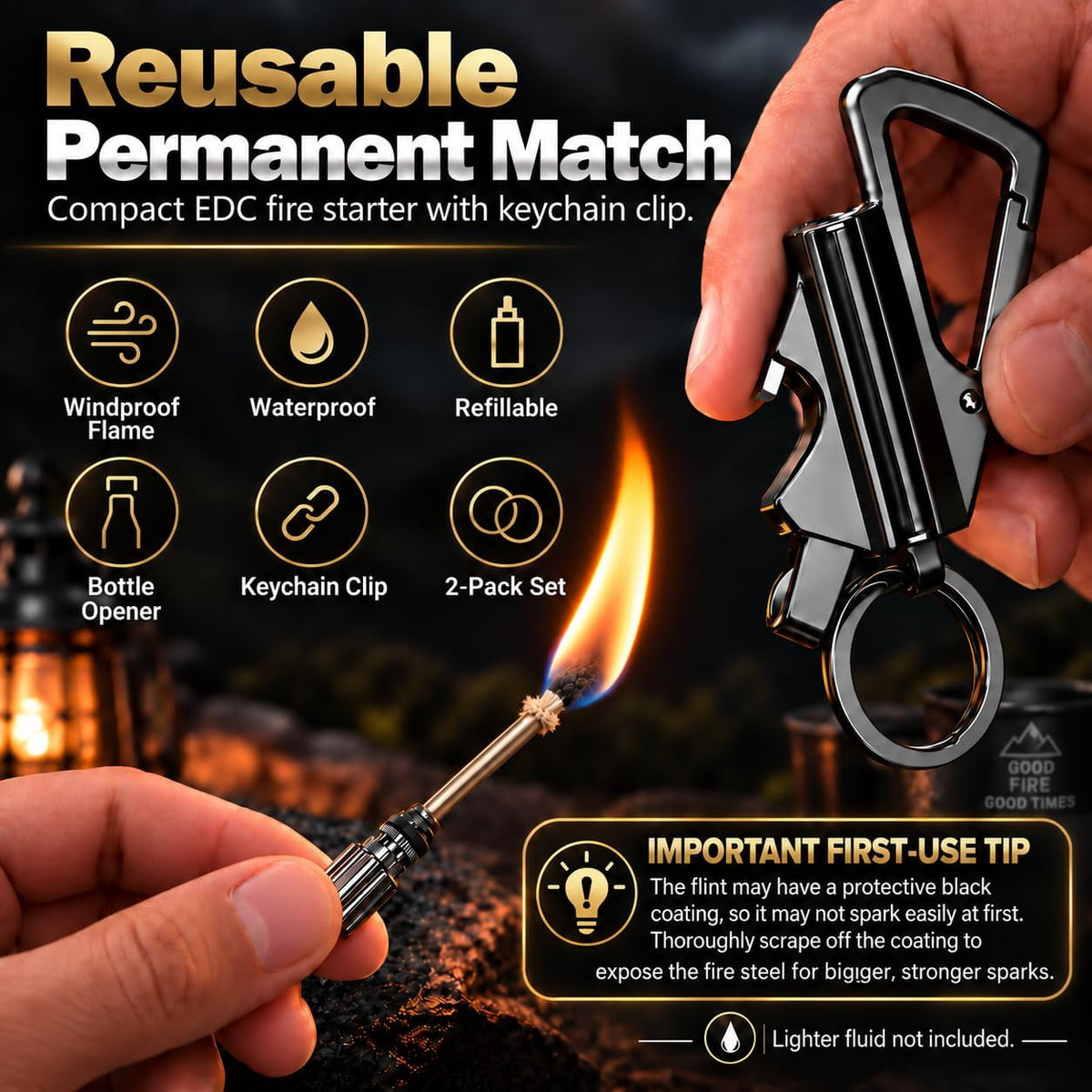2 Pack Permanent Match Keychain Lighter, Metal Infinity Lighter, Forever Lighters with Bottle Opener, Waterproof Match, EDC Emergency Matchstick, Survival Flint Fire Starter (Fuel Not Included)