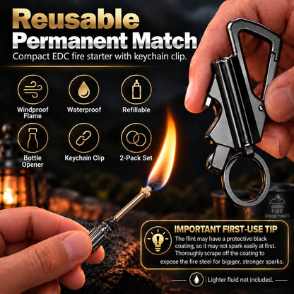 2 Pack Permanent Match Keychain Lighter, Metal Infinity Lighter, Forever Lighters with Bottle Opener, Waterproof Match, EDC Emergency Matchstick, Survival Flint Fire Starter (Fuel Not Included)