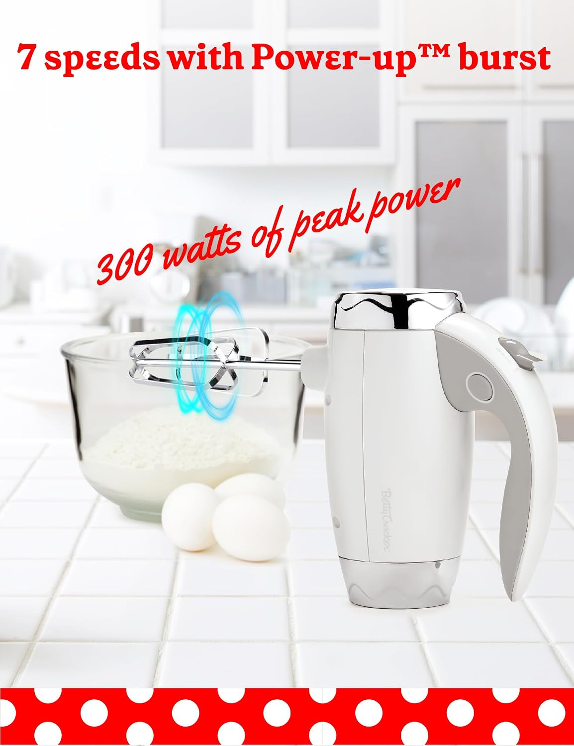 Hand Blender 7 Speed, 250 Watt Electric Mixer with Beaters and Dough Hooks, Ergonomic Electric Hand Mixer for Home & Kitchen with Stand and Soft Touch Handle, White