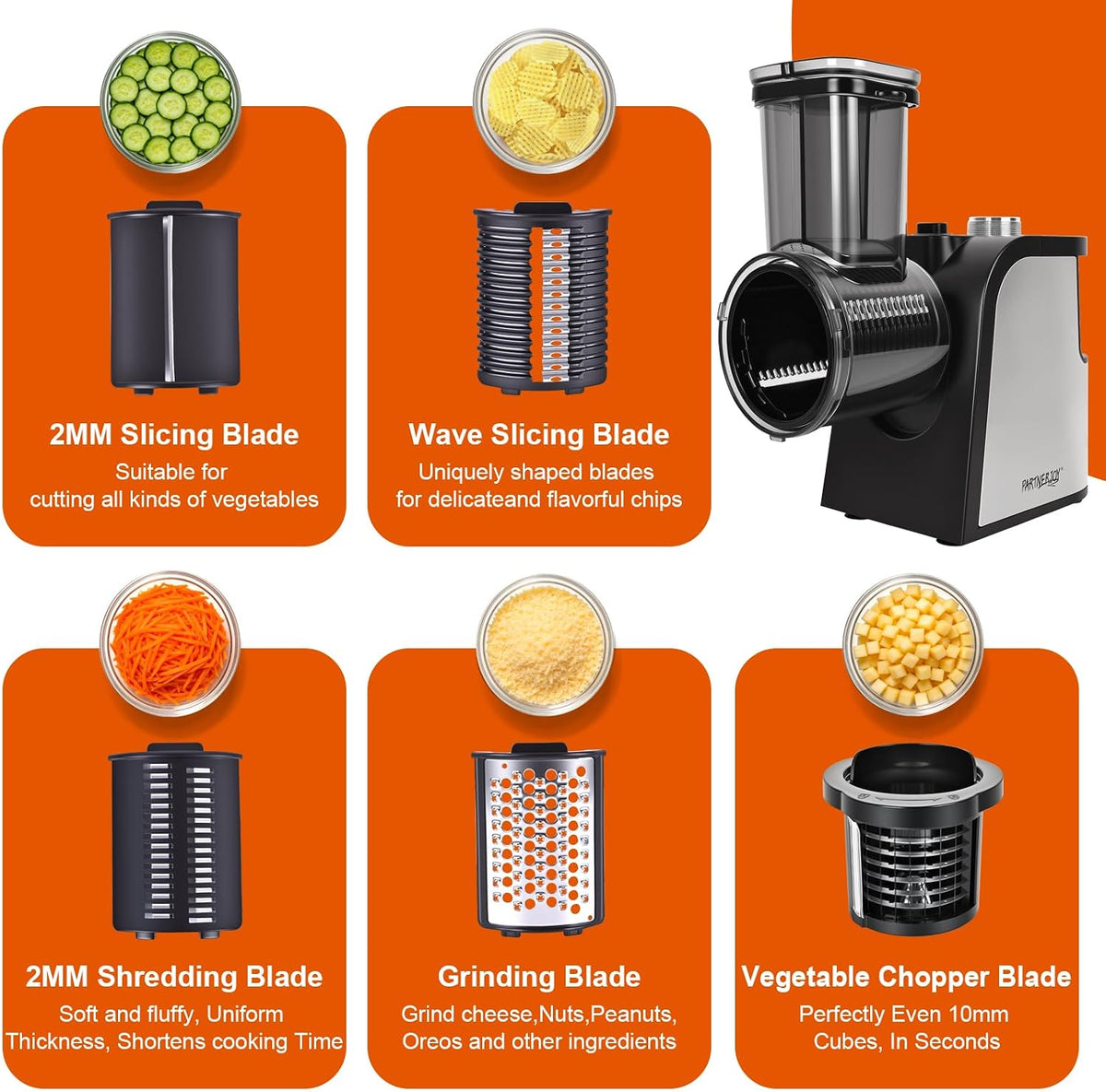 Electric Cheese Grater with Electric Dicing Function, 250W Professional Salad Maker & Electric Cheese Shredder, 5-In-1 Automatic Food Processor with Wide Feed Chute & 5 Stainless Steel Blades
